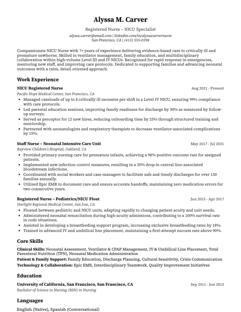 Nicu Nurse Resume Example