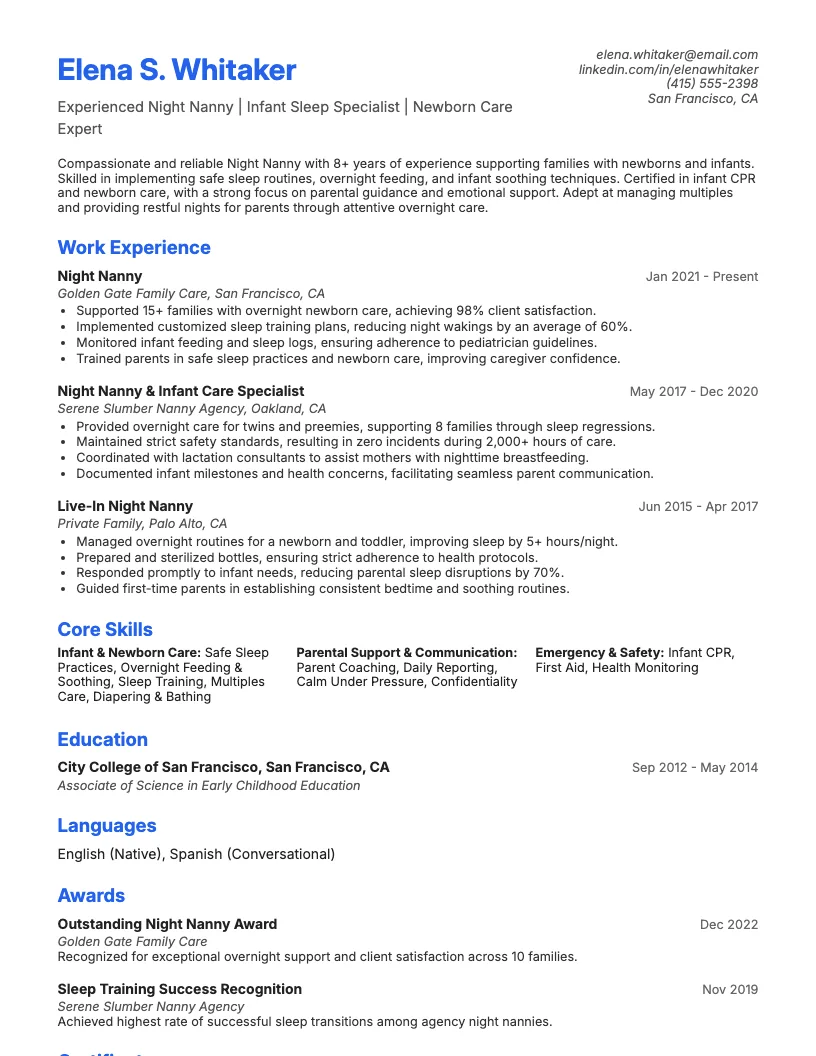 Night Nanny Resume Example