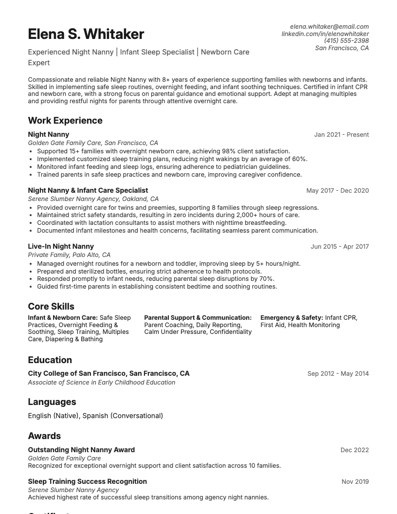 Night Nanny Resume Example
