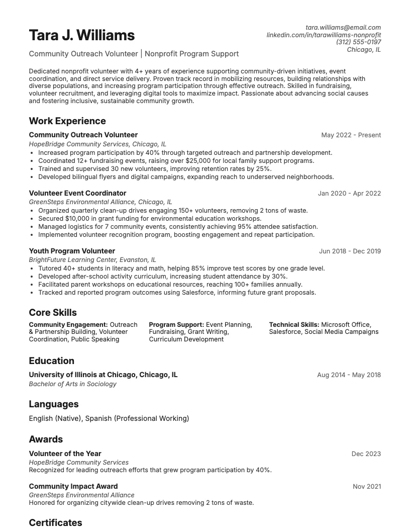 Nonprofit Volunteer Resume Example