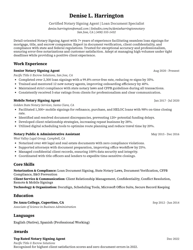 Notary Signing Agent Resume Example