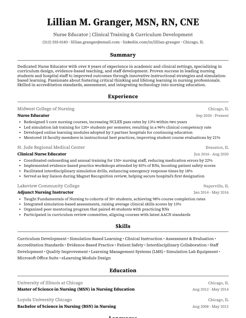 Nurse Educator Resume Example