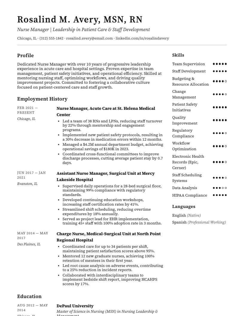 Nurse Manager Resume Example