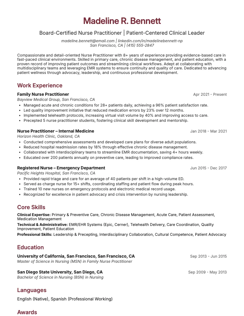 Primary Care Nurse Practitioner Resume Example