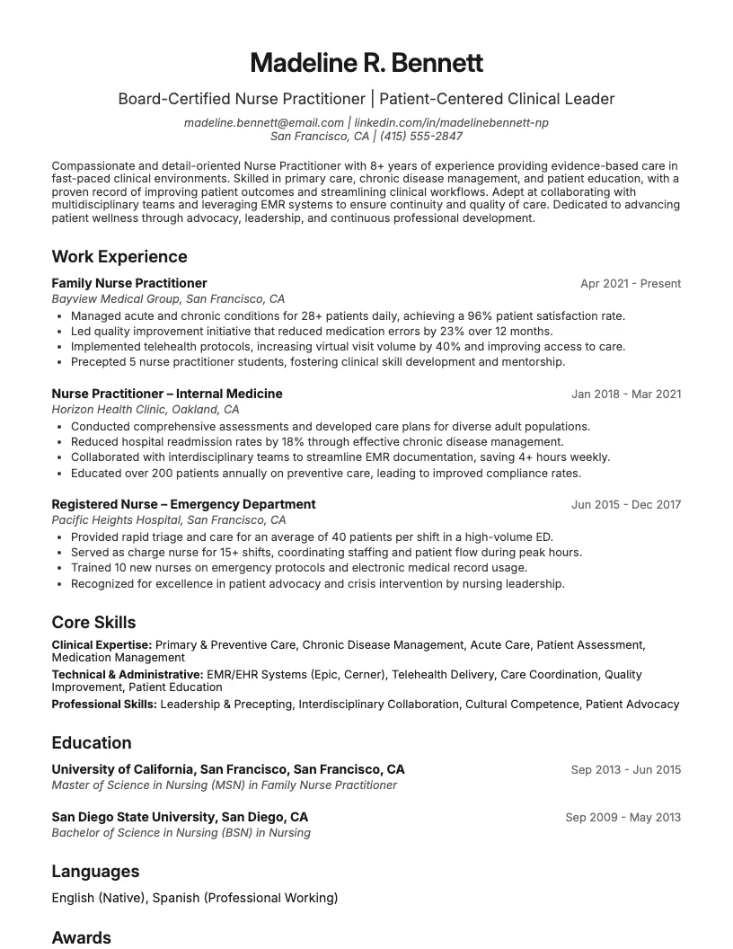 Nurse Practitioner Resume Example
