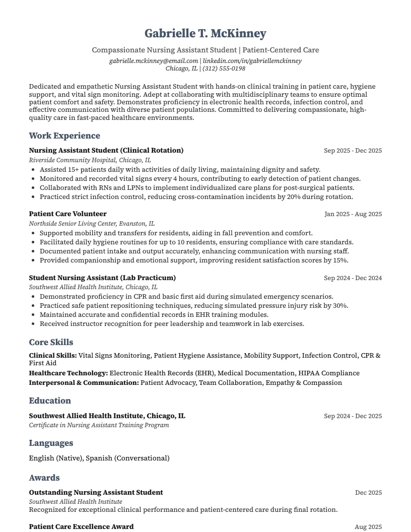 Nursing Assistant Student Resume Example