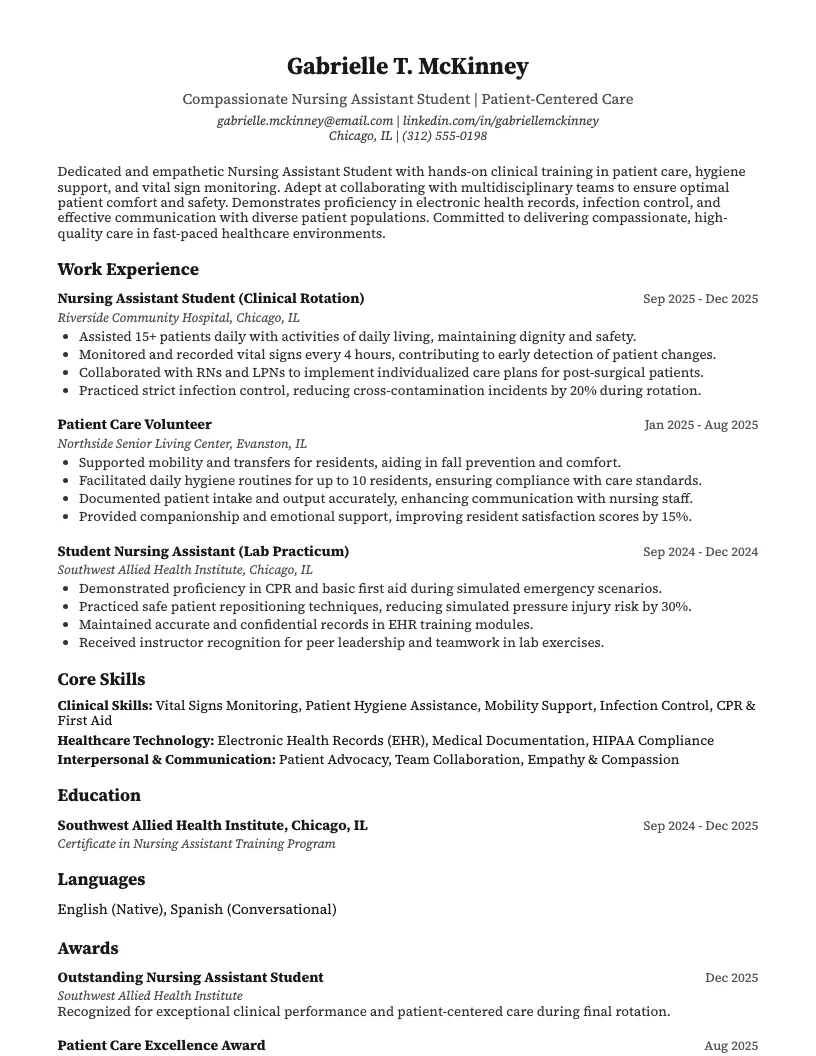 Nursing Assistant Student Resume Example