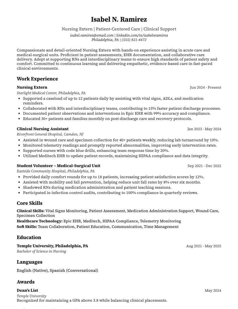 Nursing Extern Resume Example