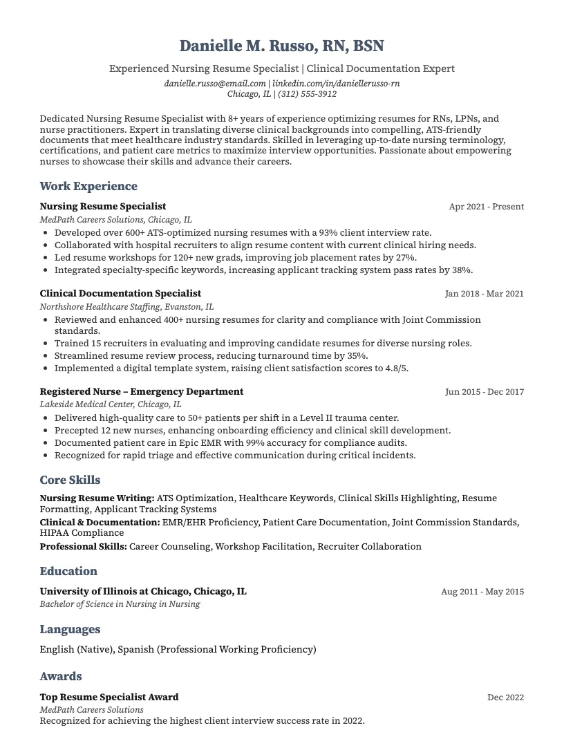 Nursing Resume Specialist Resume Example