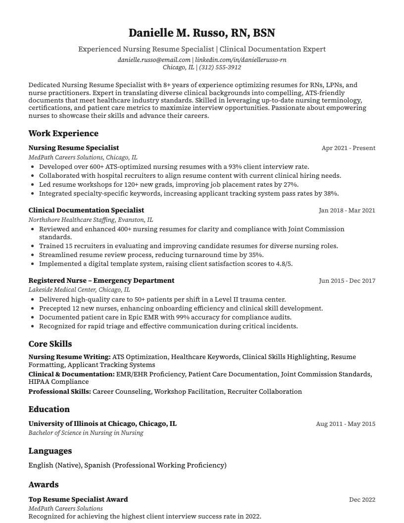 Nursing Resume Specialist Resume Example