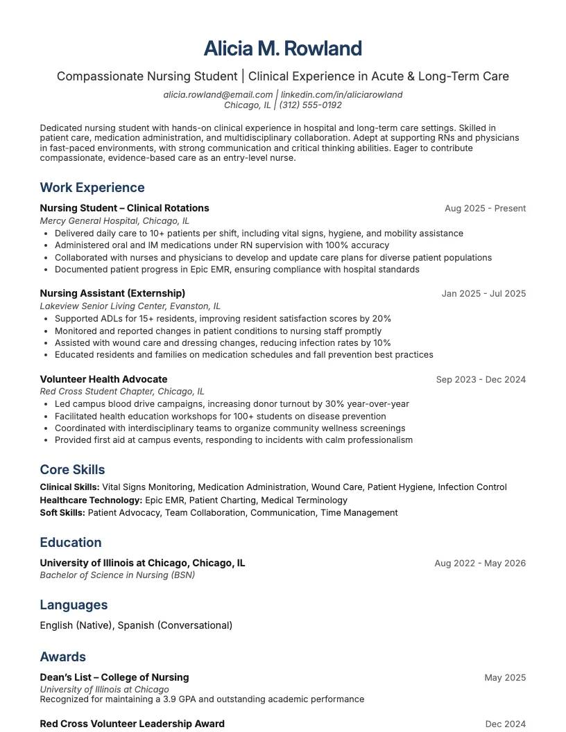 Nursing Student Resume Example