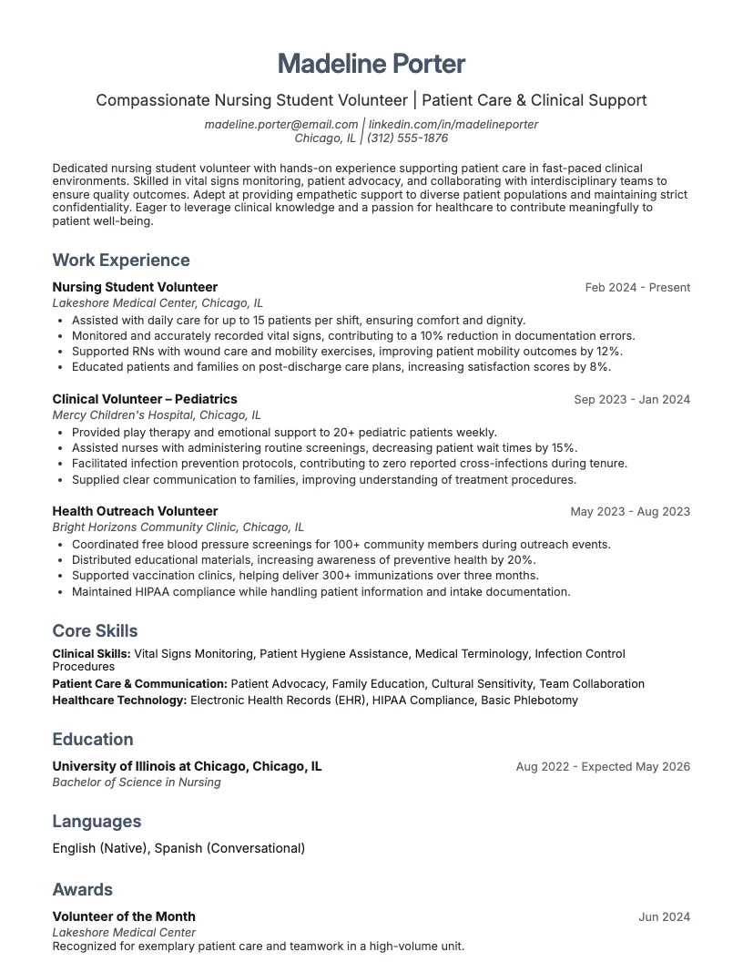 Nursing Student Volunteer Resume Example