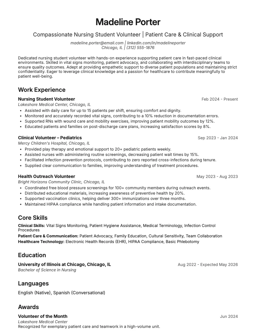 Nursing Student Volunteer Resume Example