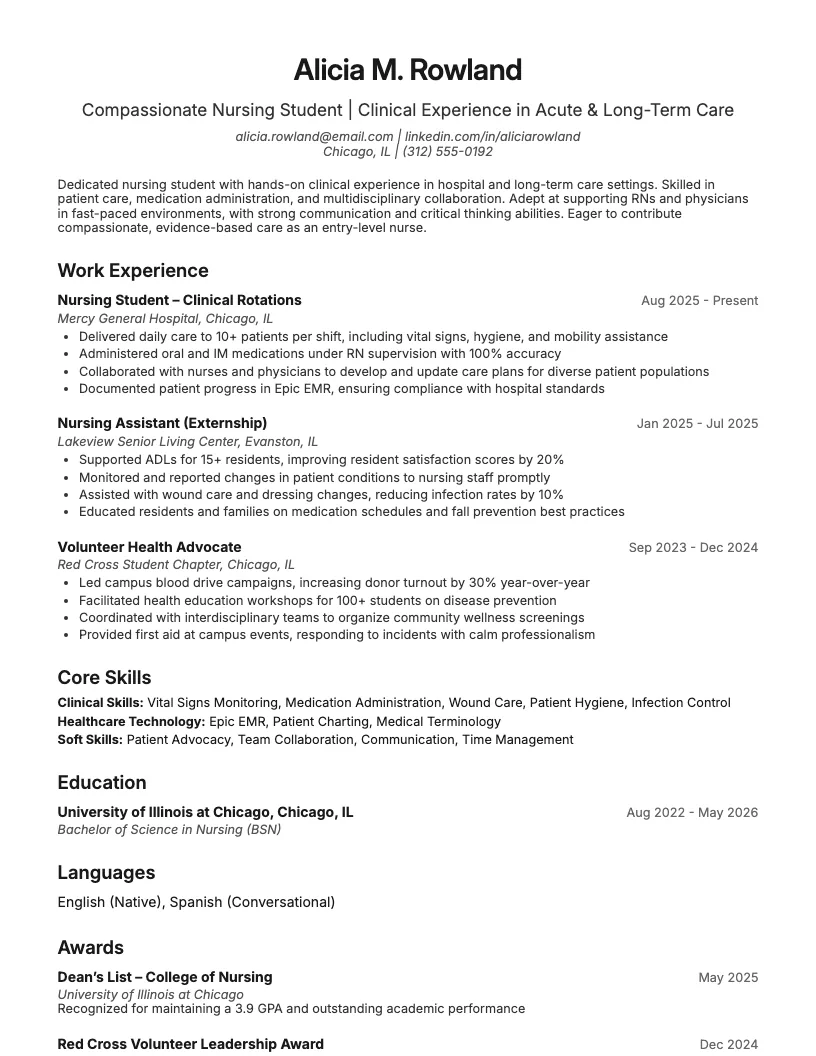 Nursing Student Resume Example