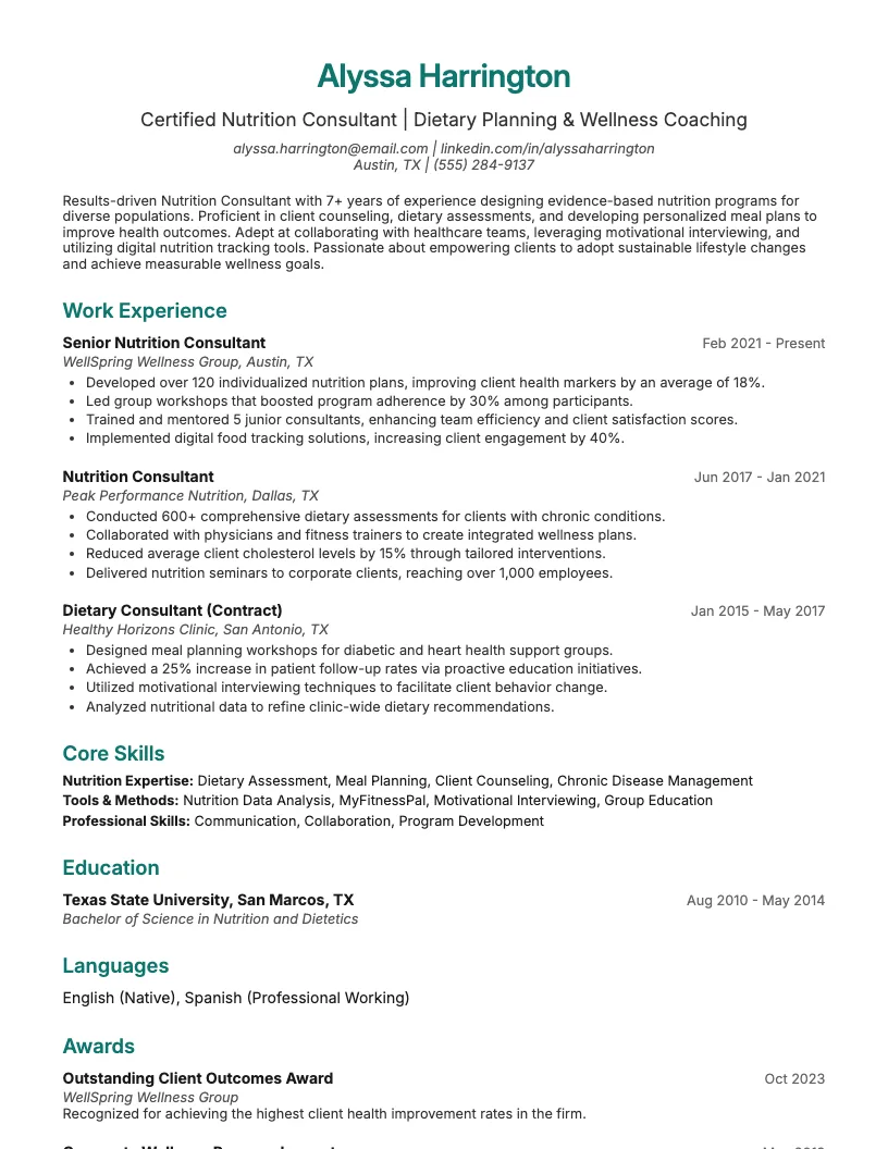 Nutrition Consultant Resume Example