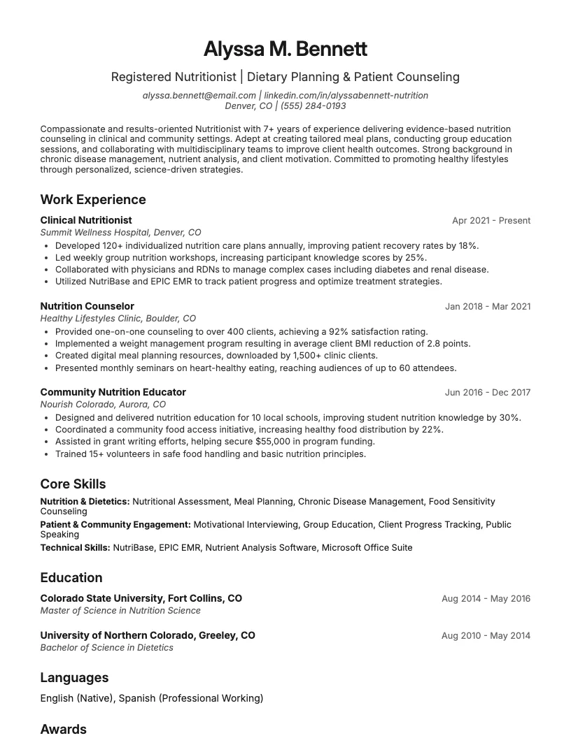 Nutritionist Resume Example