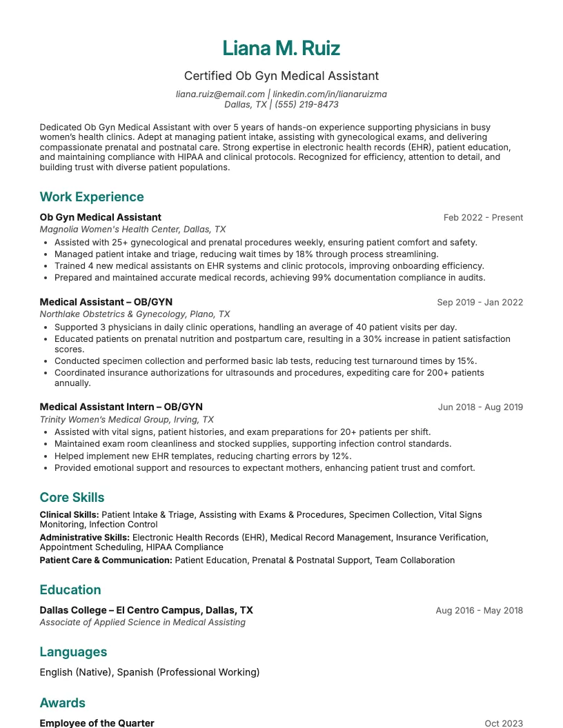 OB/GYN Medical Assistant Resume Example