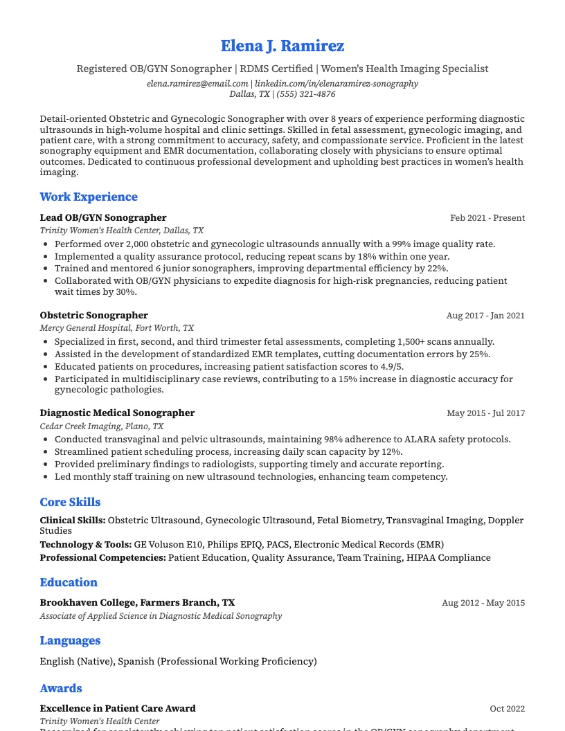 Obstetric and Gynecologic Sonographer Resume Example