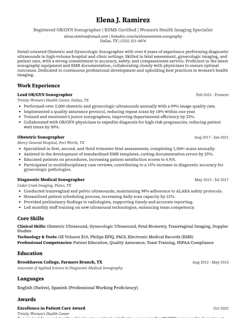 Obstetric And Gynecologic Sonographer Resume Example