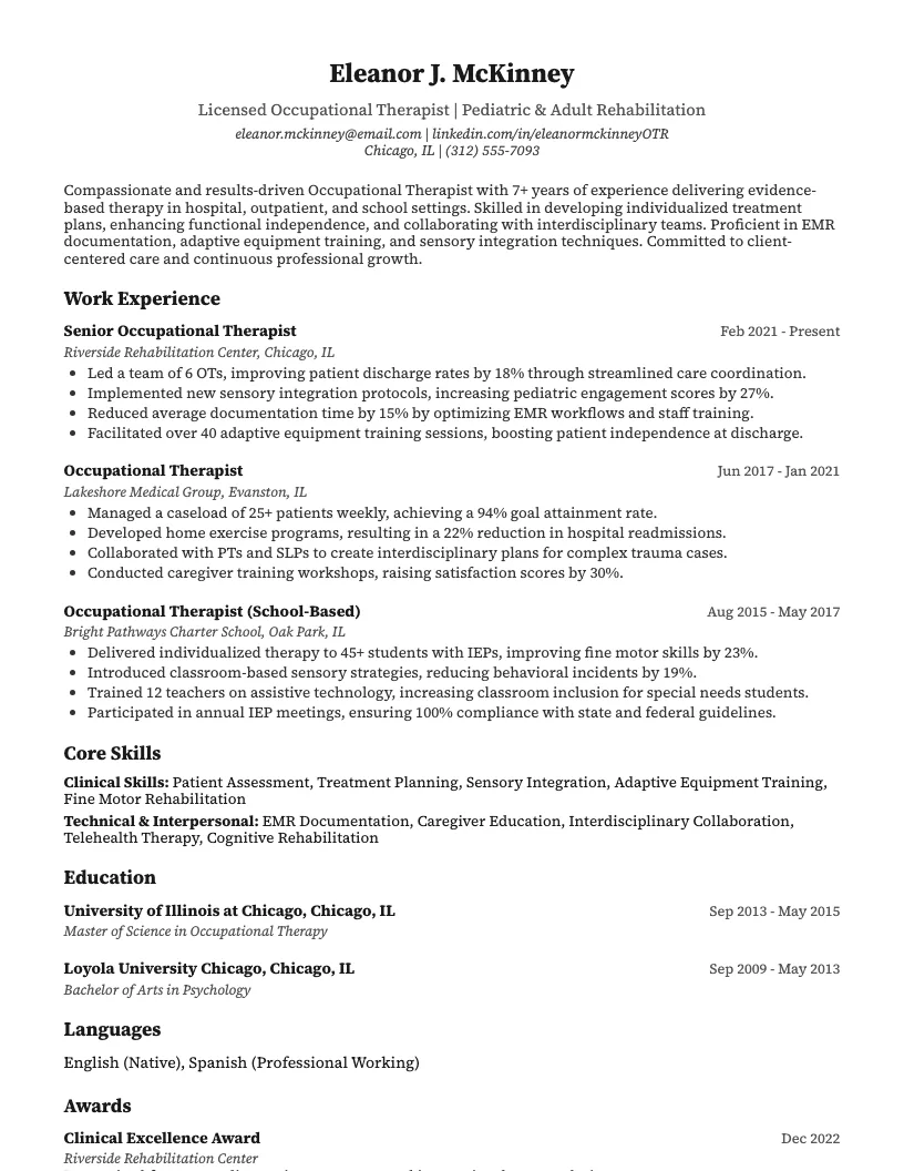 Occupational Therapist Resume Example