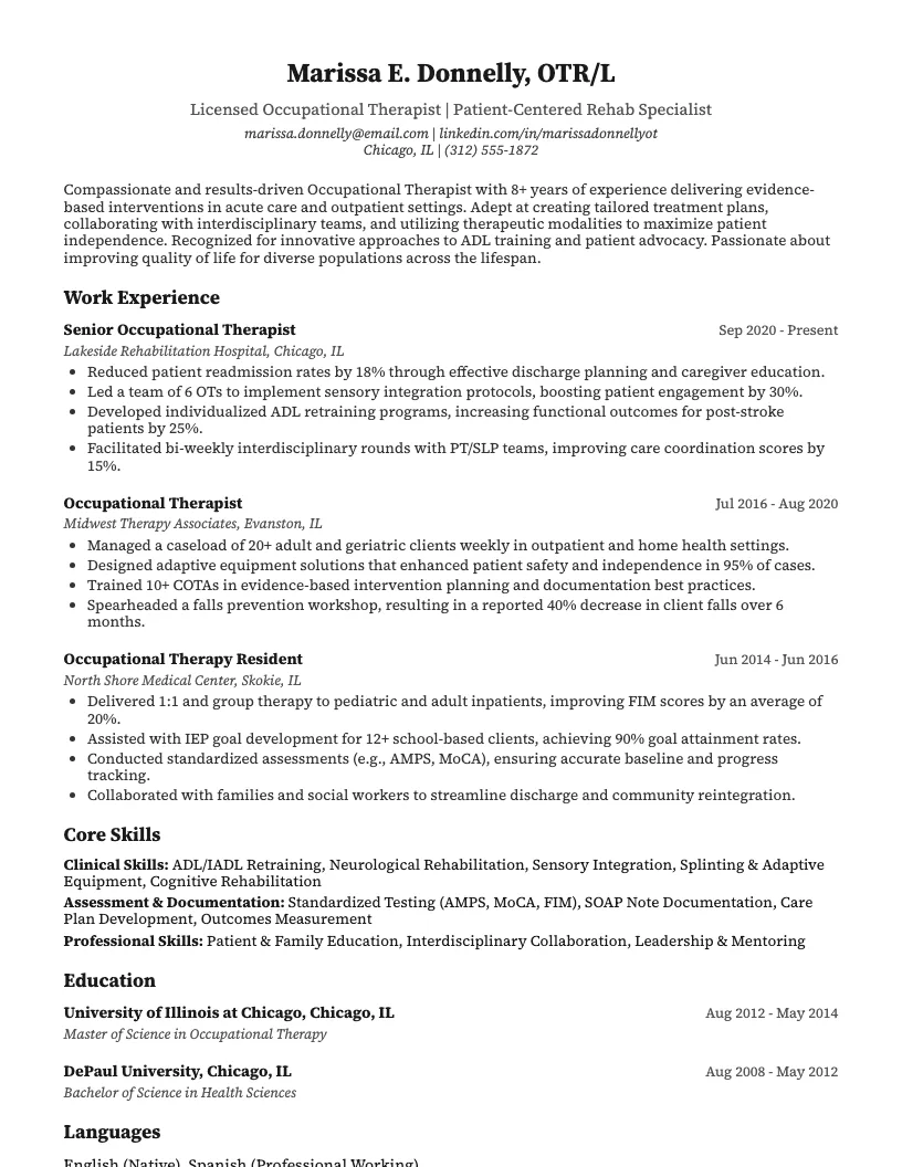 Occupational Therapy Ot Resume Example