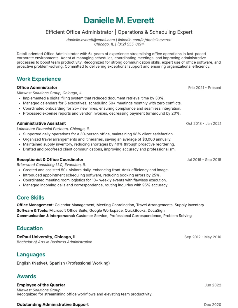 Office Administrator Resume Example