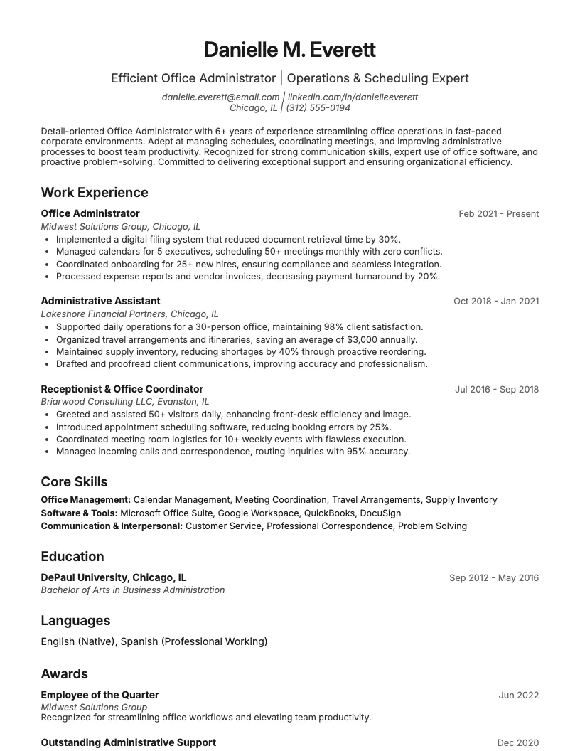 Office Administrator Resume Example