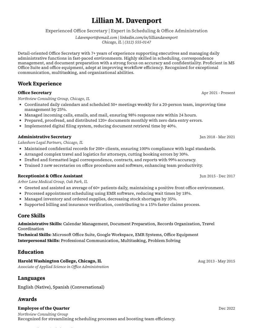 Office Secretary Resume Example