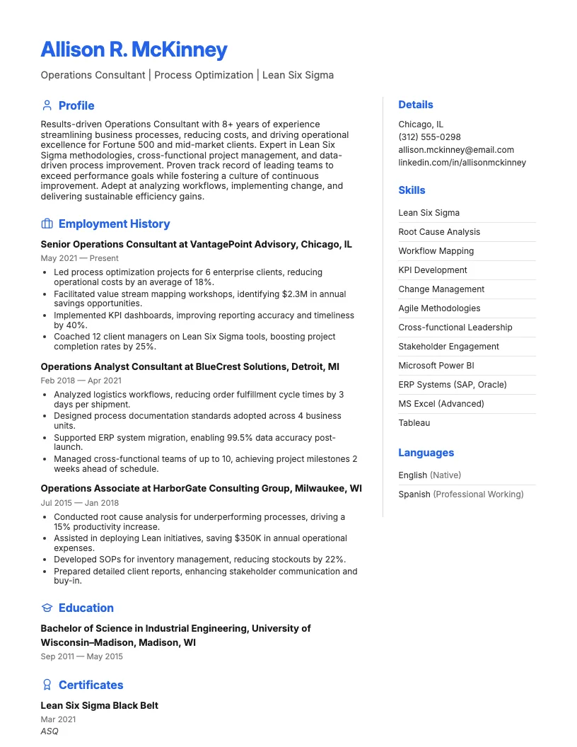Operations Consultant Resume Example