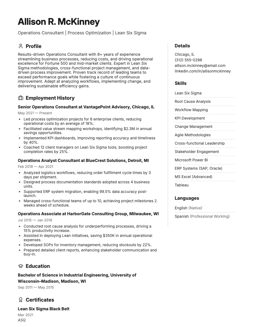 Operations Consultant Resume Example