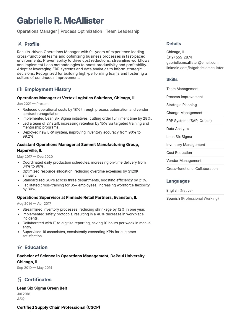 Operations Manager Resume Example
