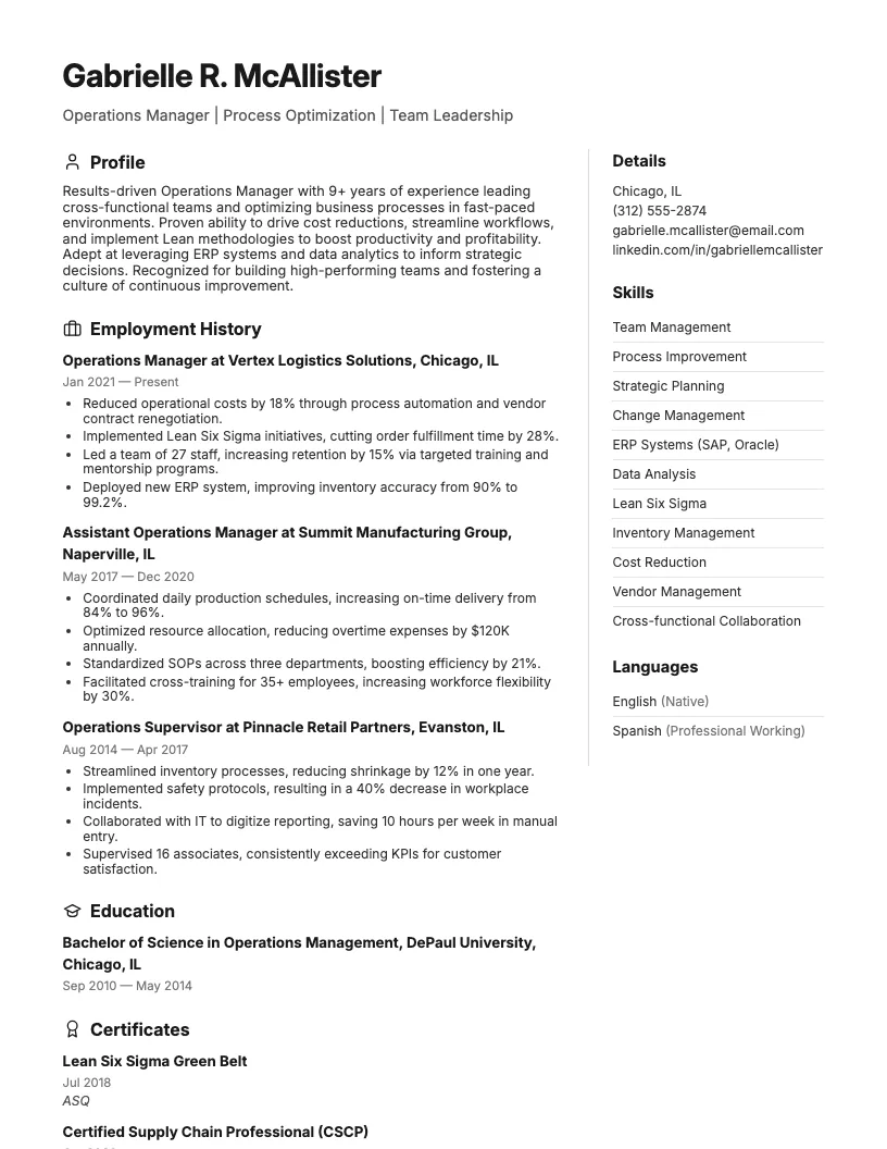 Operations Manager Resume Example