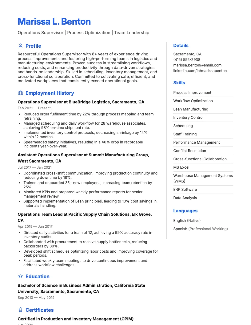 Operations Supervisor Resume Example