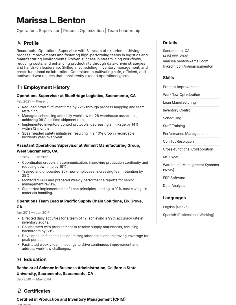 Operations Supervisor Resume Example