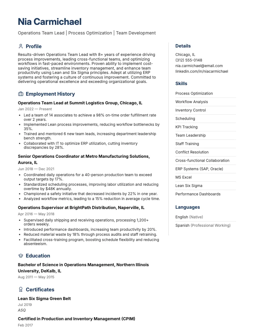 Operations Team Lead Resume Example