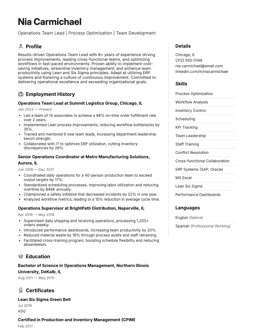 Operations Team Lead Resume Example