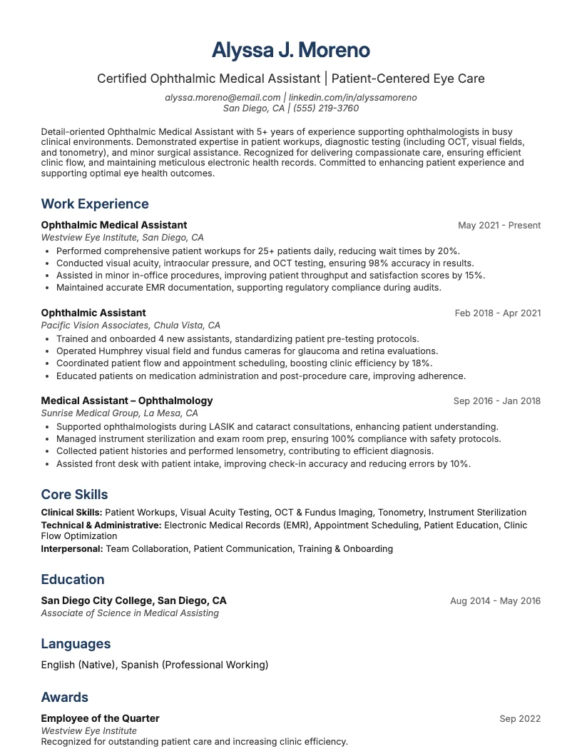 Ophthalmic Medical Assistant Resume Example