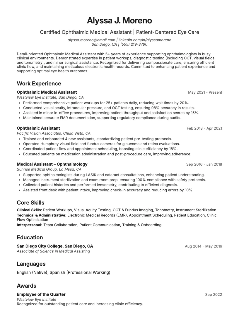 Ophthalmic Medical Assistant Resume Example