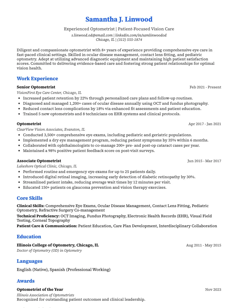 Contact Lens Specialist Resume Example