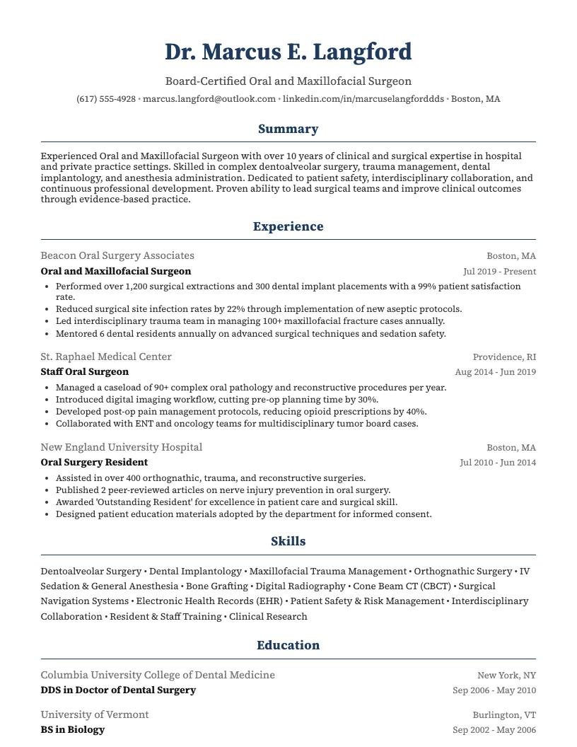 Oral Surgeon Resume Example