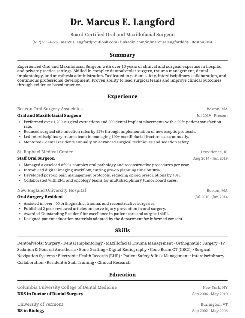 Oral Surgeon Resume Example
