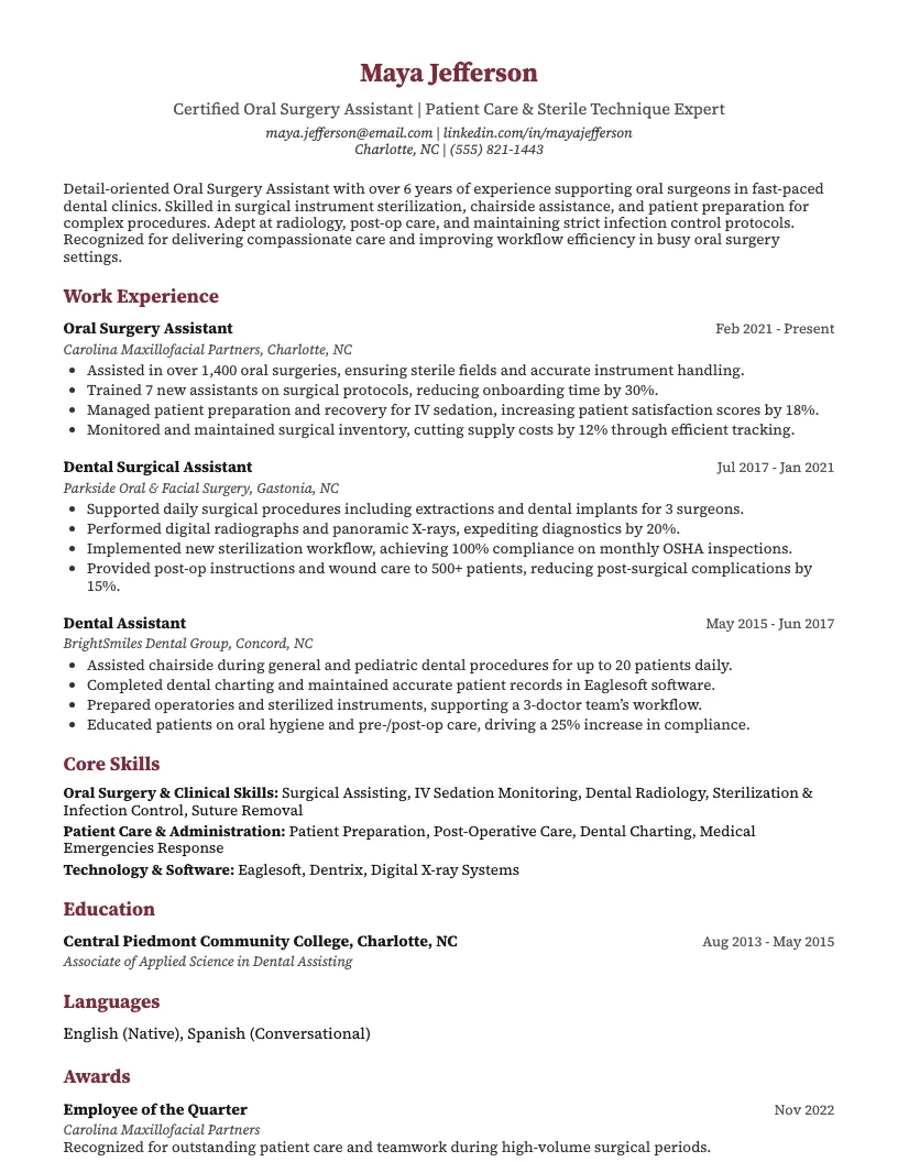 Oral Surgery Assistant Resume Example