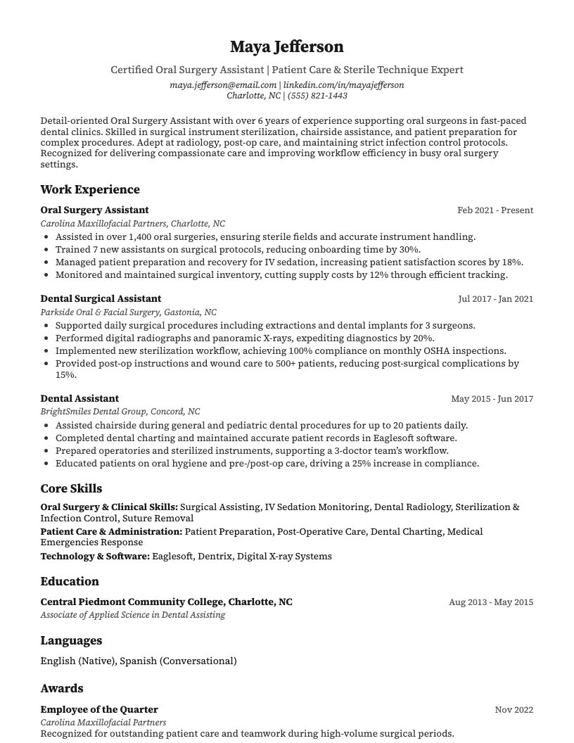 Oral Surgery Assistant Resume Example