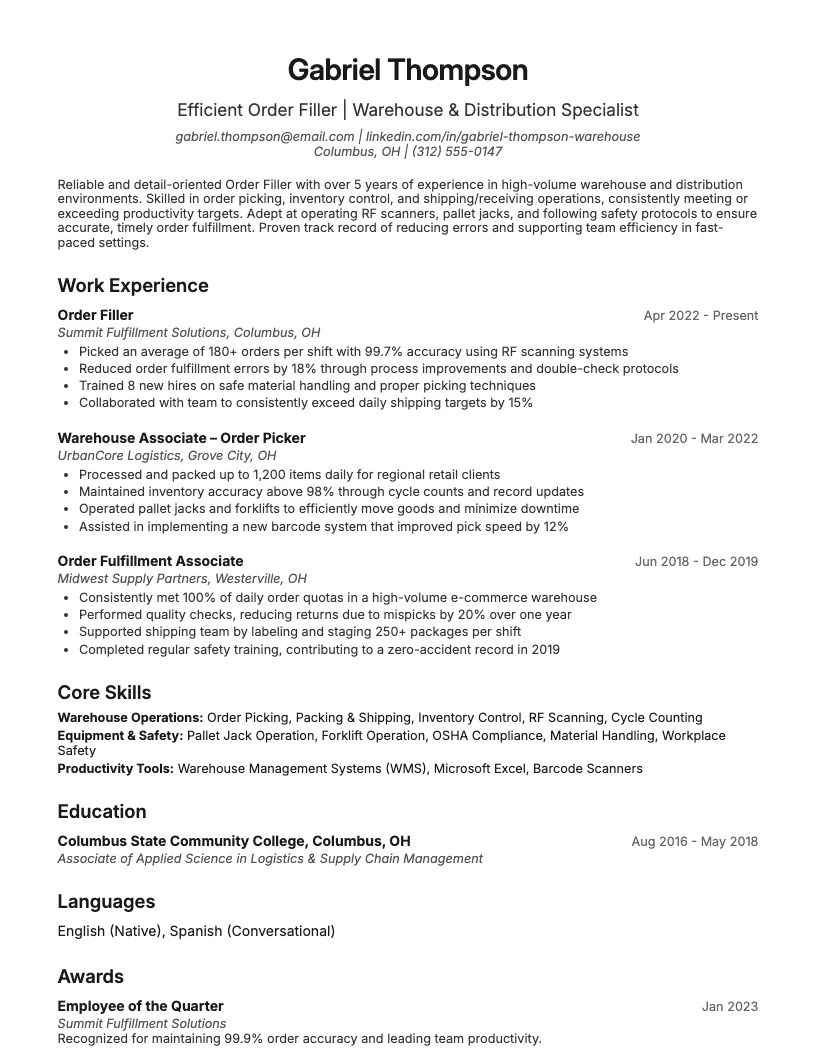 Order Filler Resume Example