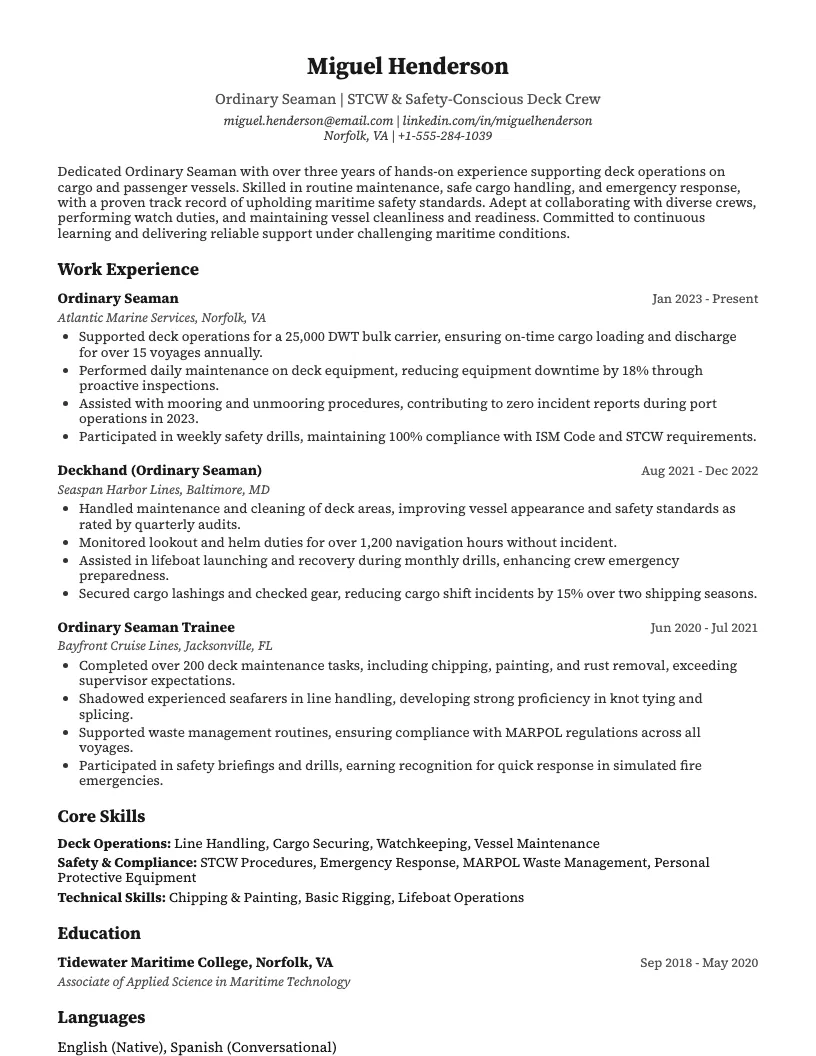 Ordinary Seaman Resume Example