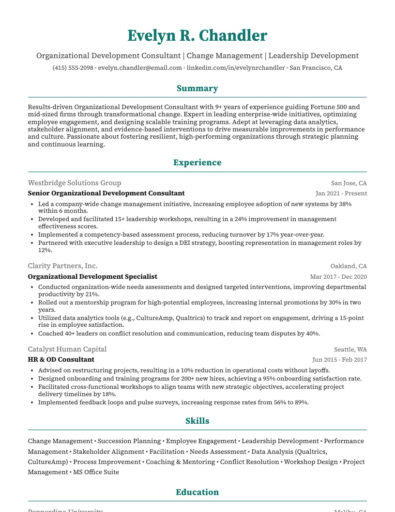 Organizational Development Consultant Resume Example