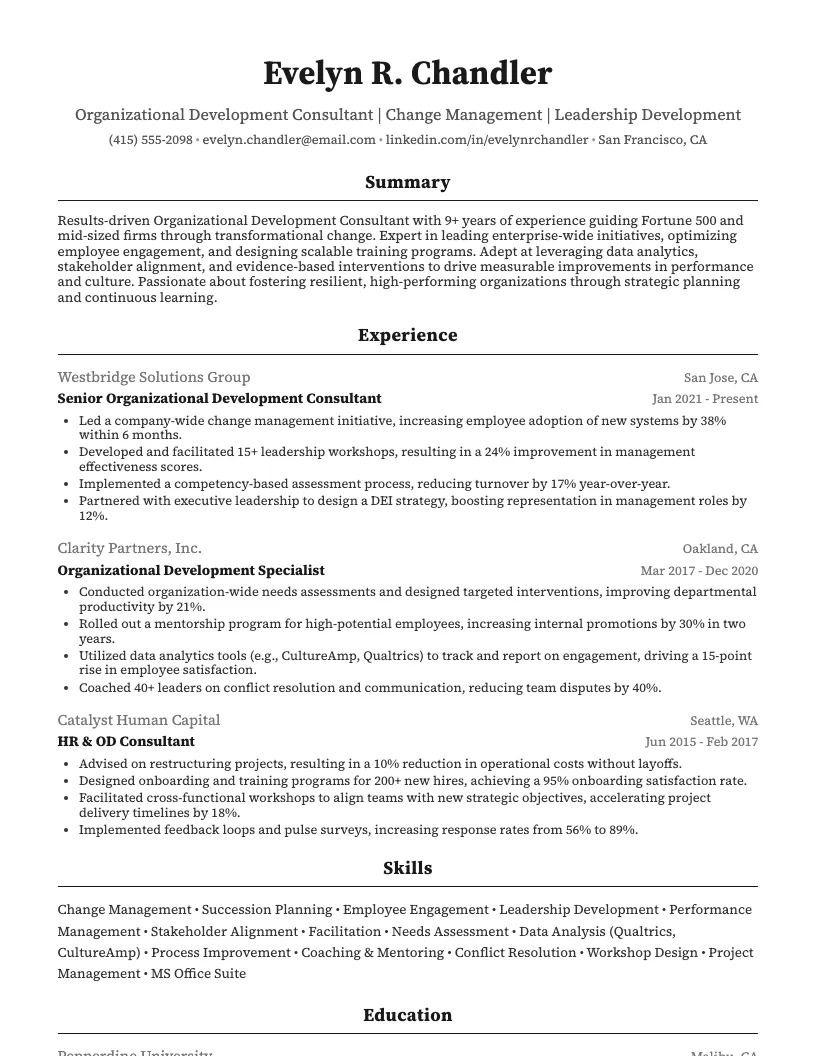 Organizational Development Consultant Resume Example