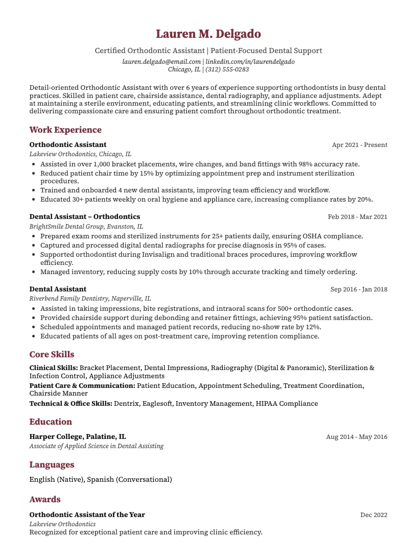 Orthodontic Assistant Resume Example
