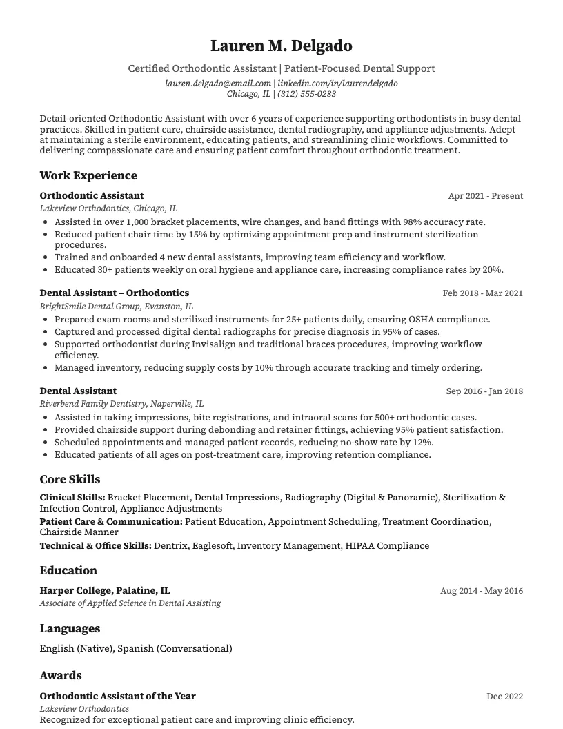 Orthodontic Assistant Resume Example