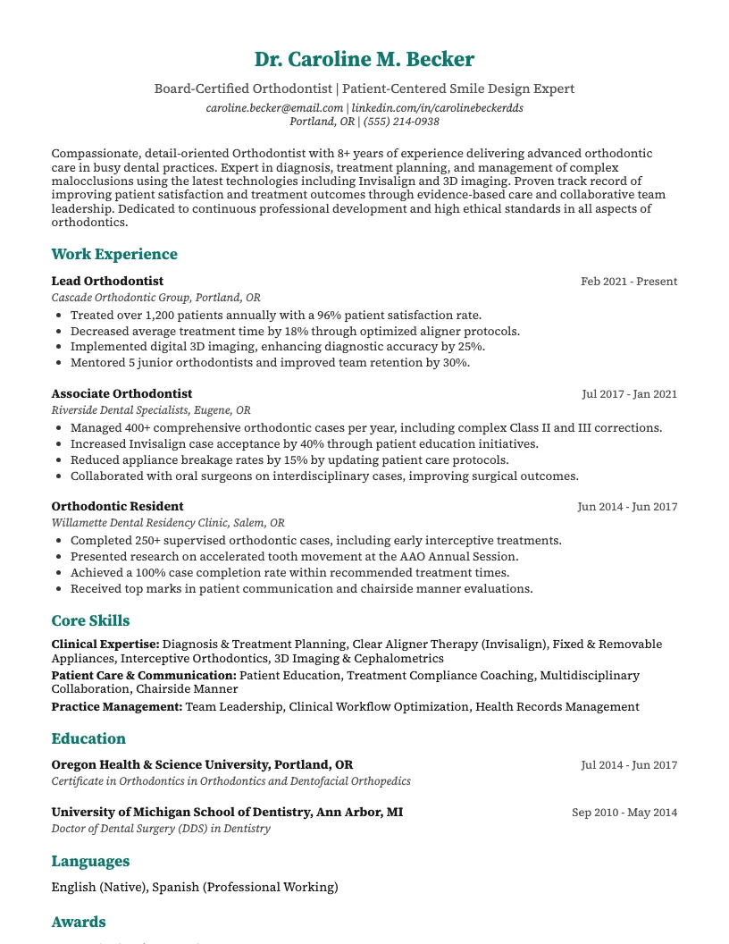 Orthodontist Resume Example